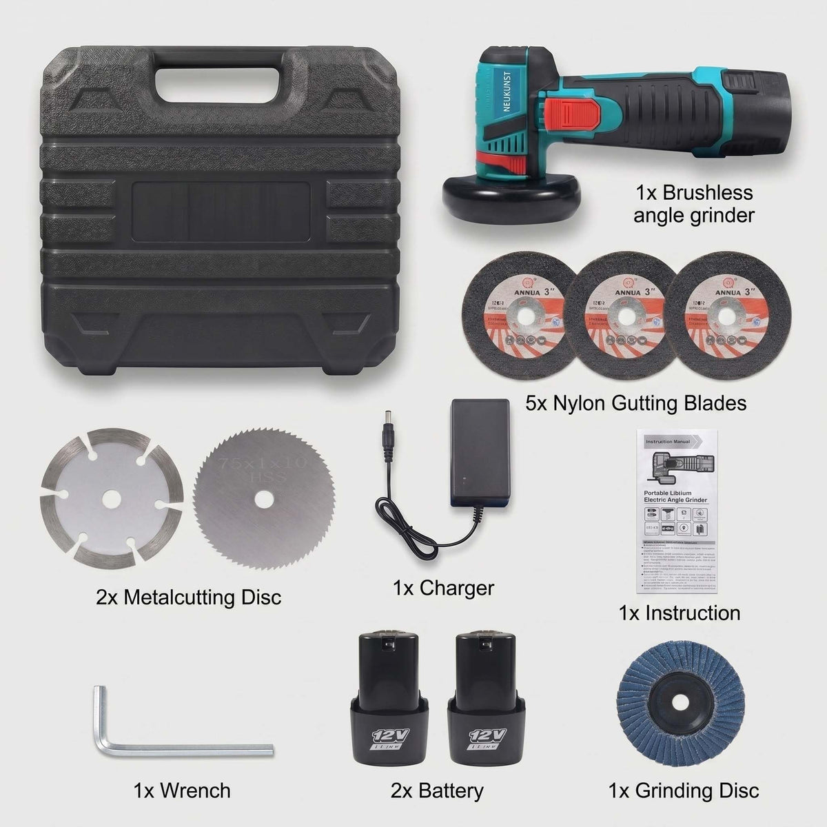 12V Cordless Mini Brushless Angle Grinder Kit with 2 Batteries and 4 Cutting Blades, 19500 RPM