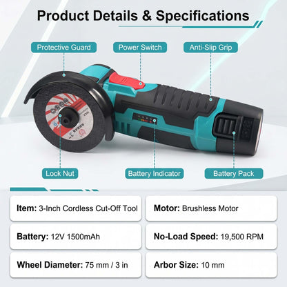 12V Cordless Mini Brushless Angle Grinder Kit with 2 Batteries and 4 Cutting Blades, 19500 RPM