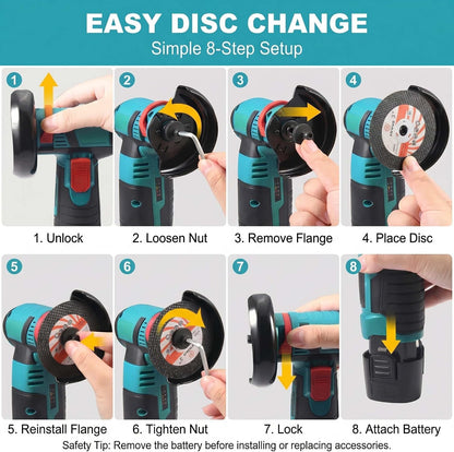 12V Cordless Mini Brushless Angle Grinder Kit with 2 Batteries and 4 Cutting Blades, 19500 RPM